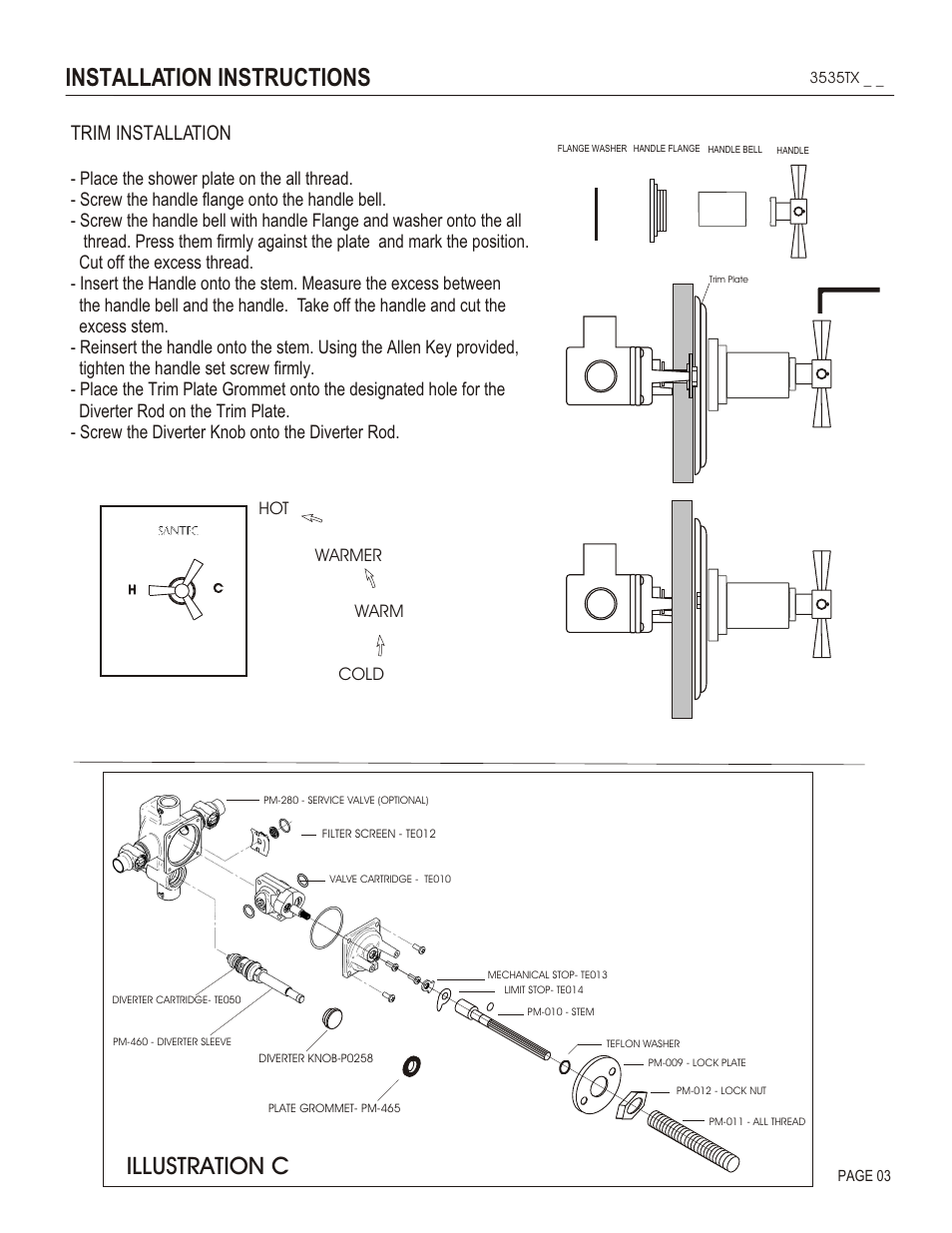Installation instructions, Illustration c, Trim installation | Cold warm warmer hot | Santec 3535TX User Manual | Page 3 / 4