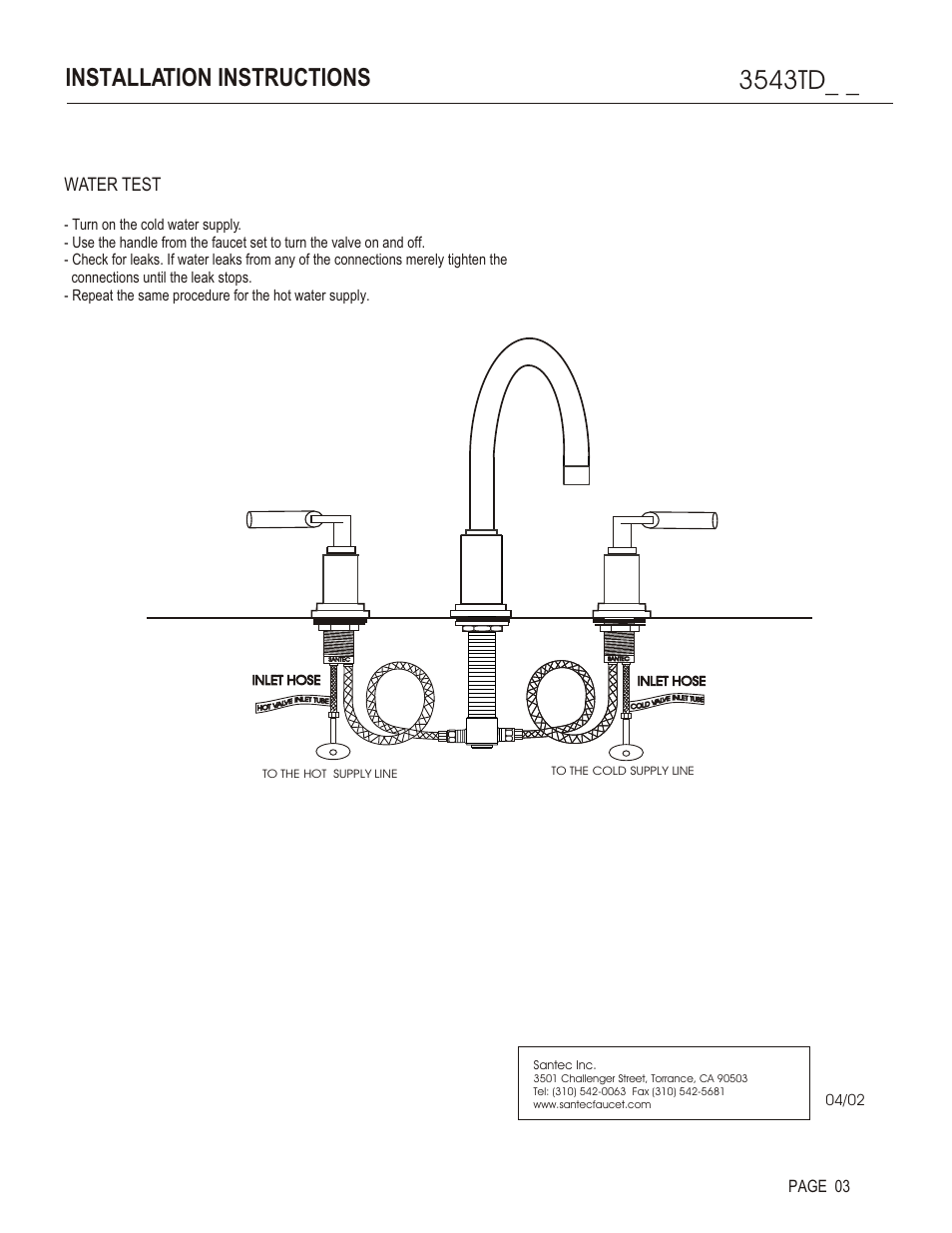 3543td, Installation instructions, Water test | Page 03 | Santec 3543TD User Manual | Page 3 / 4