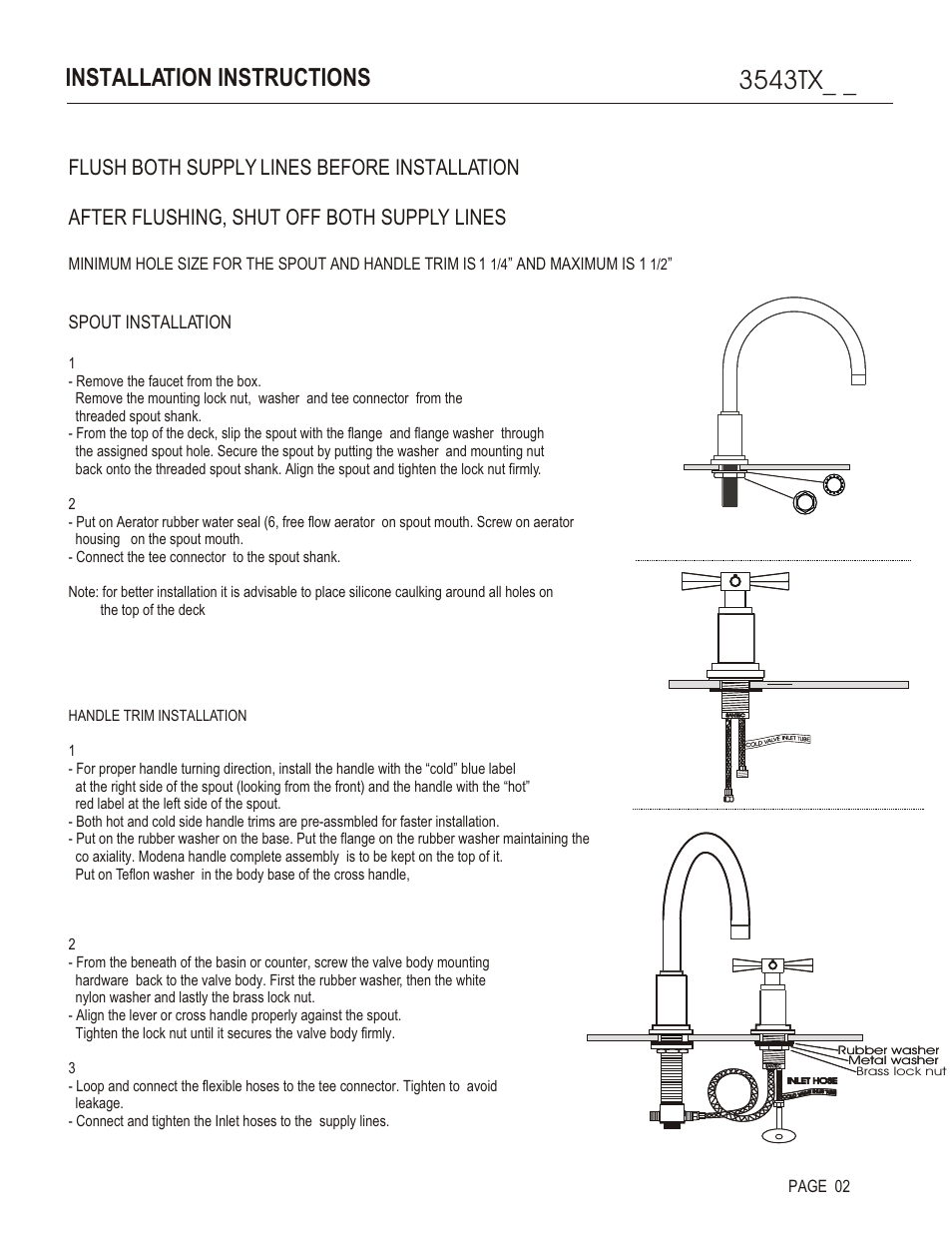 3543tx, Installation instructions, Spout installation | And maximum is 1, Page 02 | Santec 3543TX User Manual | Page 2 / 4