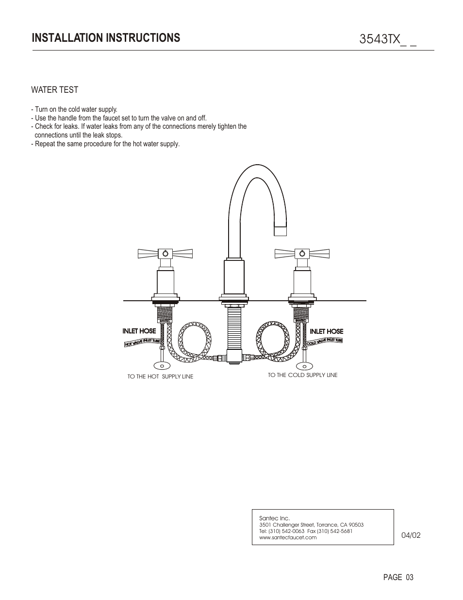 3543tx, Installation instructions, Water test | Page 03 | Santec 3543TX User Manual | Page 3 / 4