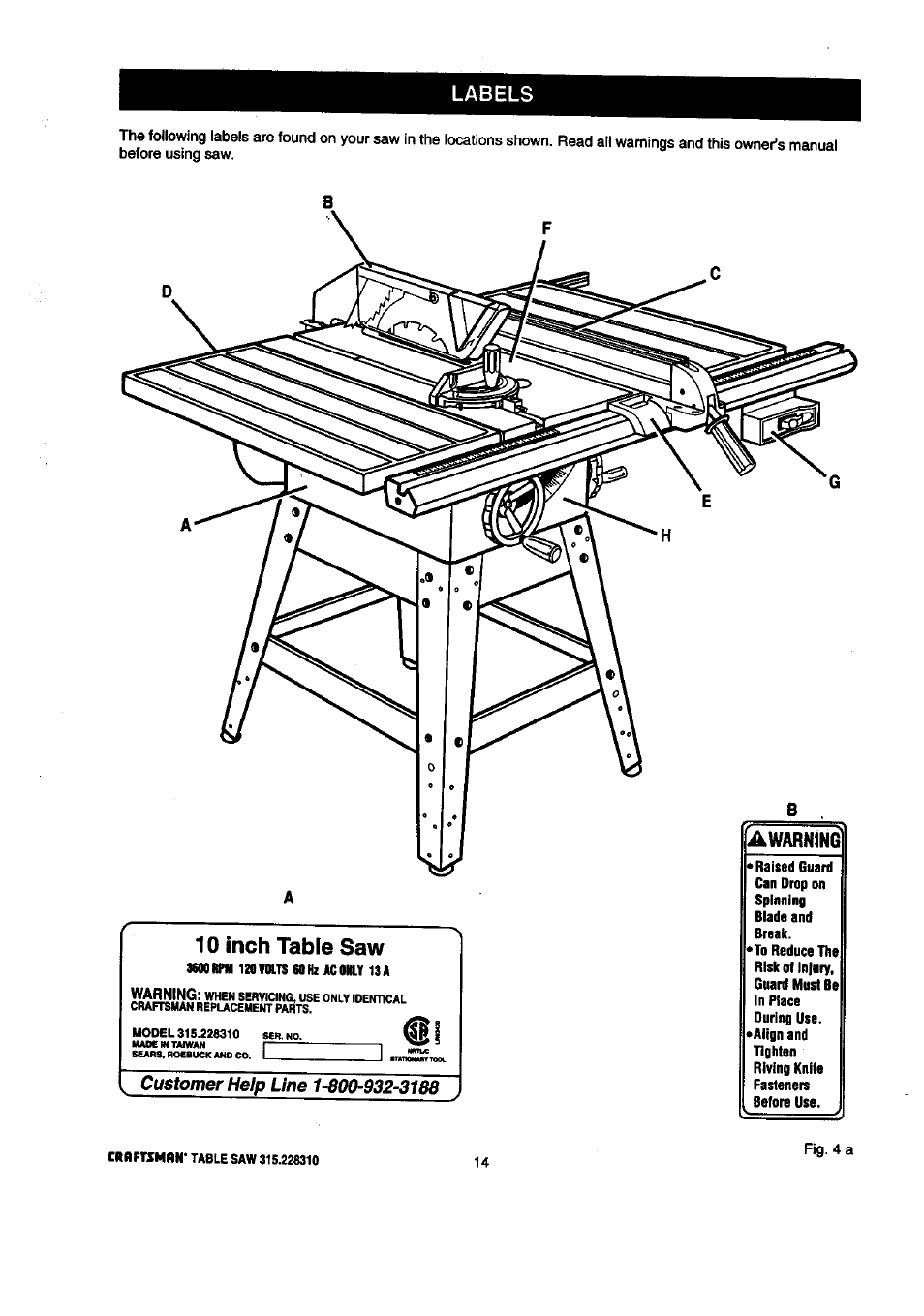 10 inch table saw, Awarning | Craftsman 315.228310 User Manual | Page 14 / 64
