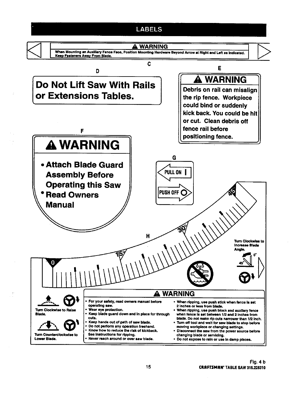 Do not lift saw with raiis or extensions tabies, Warning | Craftsman 315.228310 User Manual | Page 15 / 64