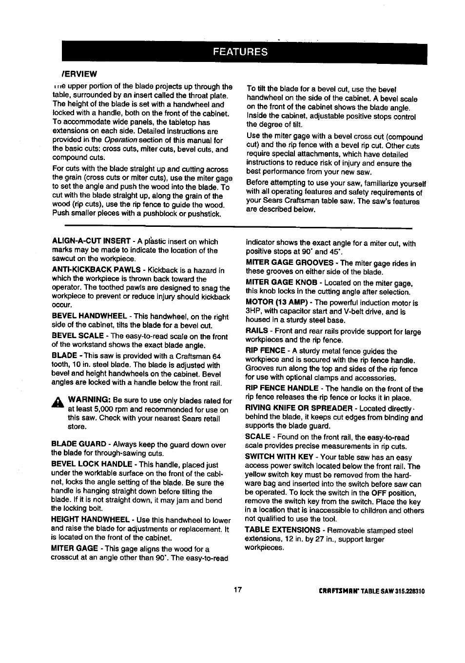 Erview, Features | Craftsman 315.228310 User Manual | Page 17 / 64