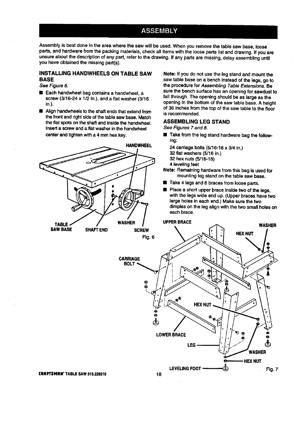 Installing handwheels on table saw, Base, Assembling leg stand | Installing handwheels on table saw base, Assembling leg stand -19, Assembly | Craftsman 315.228310 User Manual | Page 18 / 64