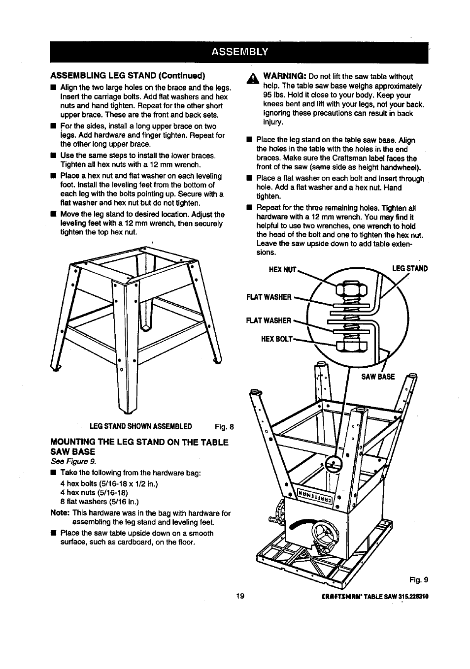 Assembling leg stand (continued), Mounting the leg stand on the table saw base, Assembly | Craftsman 315.228310 User Manual | Page 19 / 64