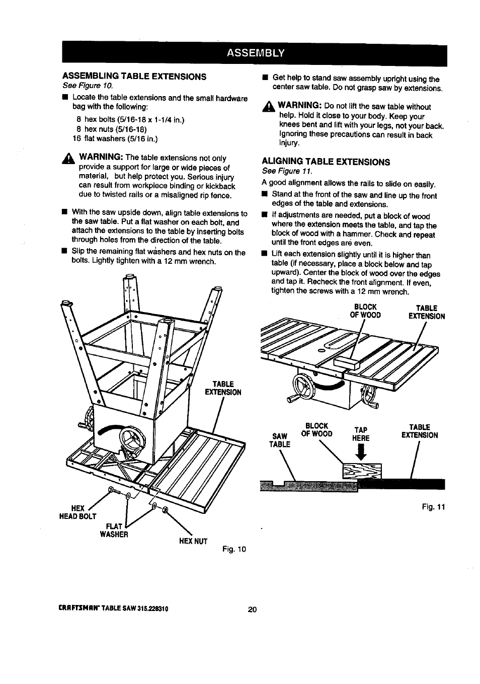 Aligning table extensions, Assembling table extensions, Assembly | Craftsman 315.228310 User Manual | Page 20 / 64