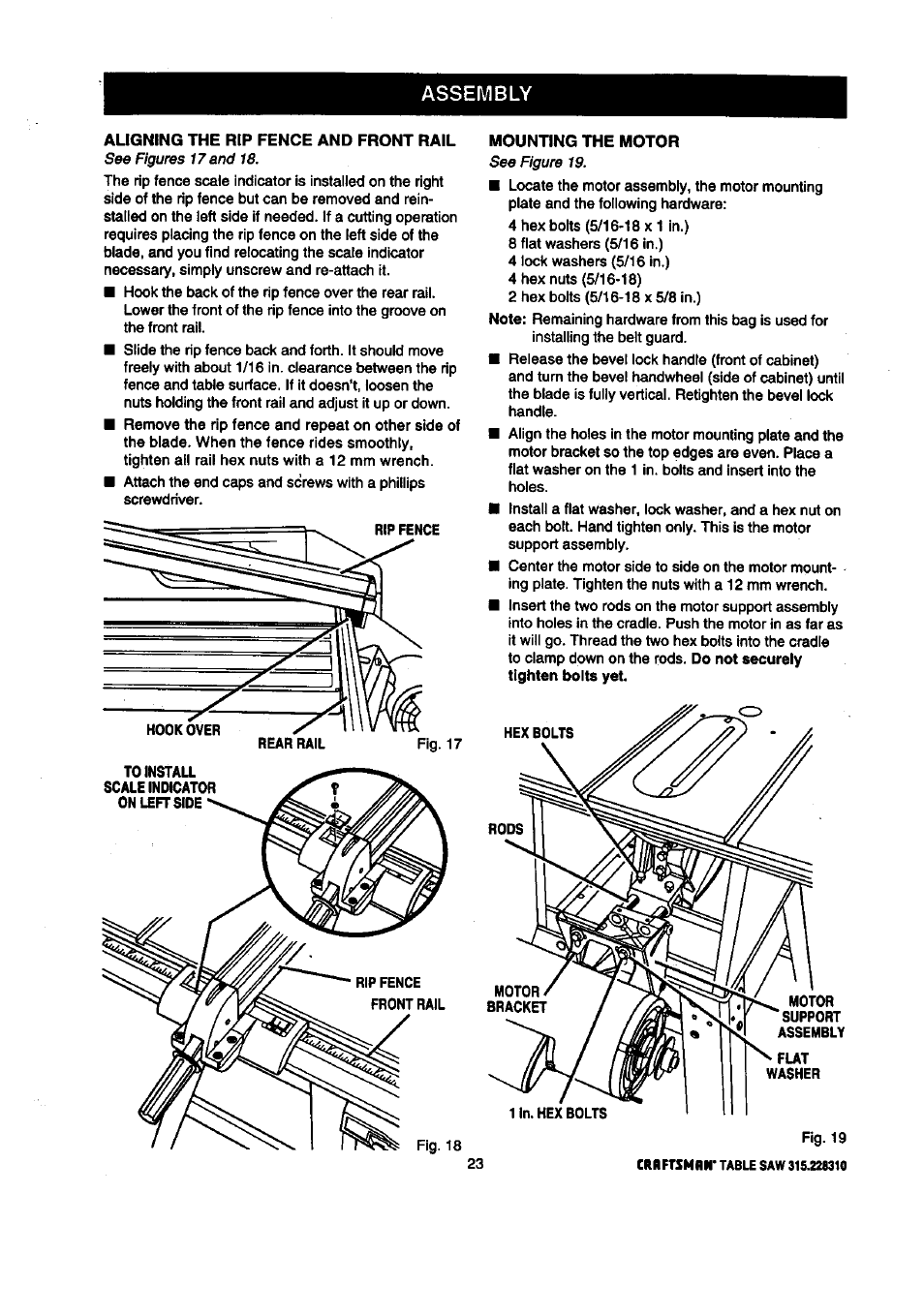 Aligning the rip fence and front rail, Mounting the motor, Aligning rip fence and front rail | Assembly | Craftsman 315.228310 User Manual | Page 23 / 64