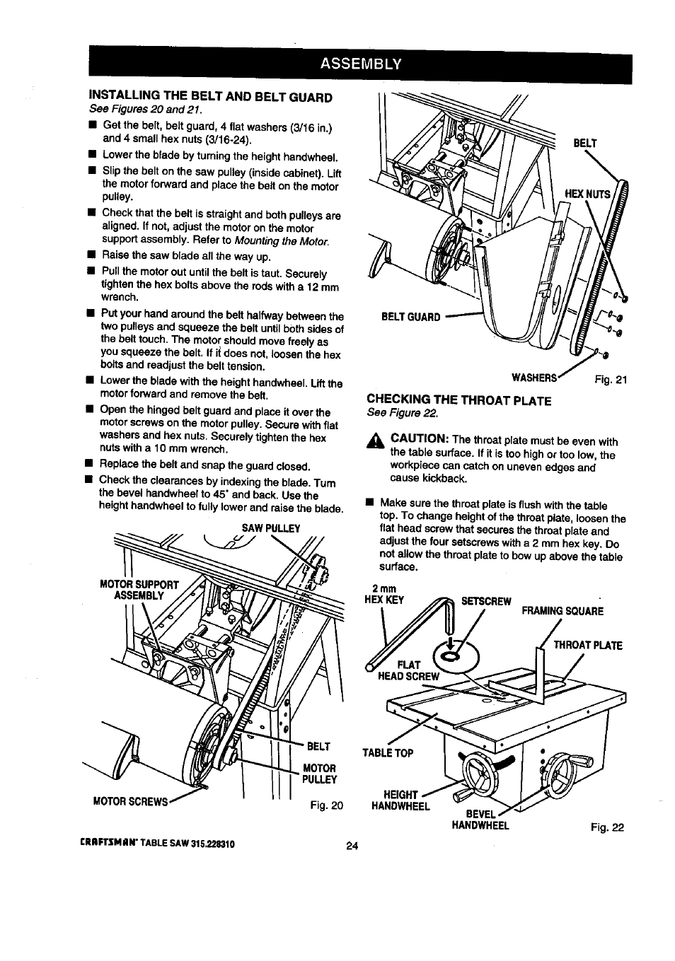 Checking the throat plate, Assembly | Craftsman 315.228310 User Manual | Page 24 / 64