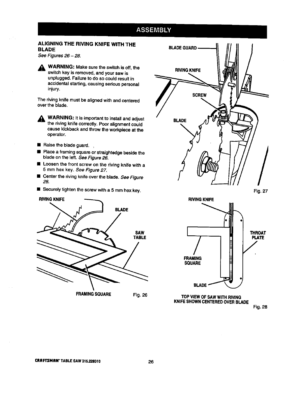 Aligning the riving knife with the, Blade, Aligning the riving knife with the blade | Assembly | Craftsman 315.228310 User Manual | Page 26 / 64