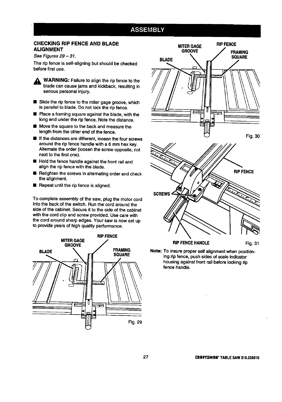 Checking rip fence and blade alignment, Assembly | Craftsman 315.228310 User Manual | Page 27 / 64