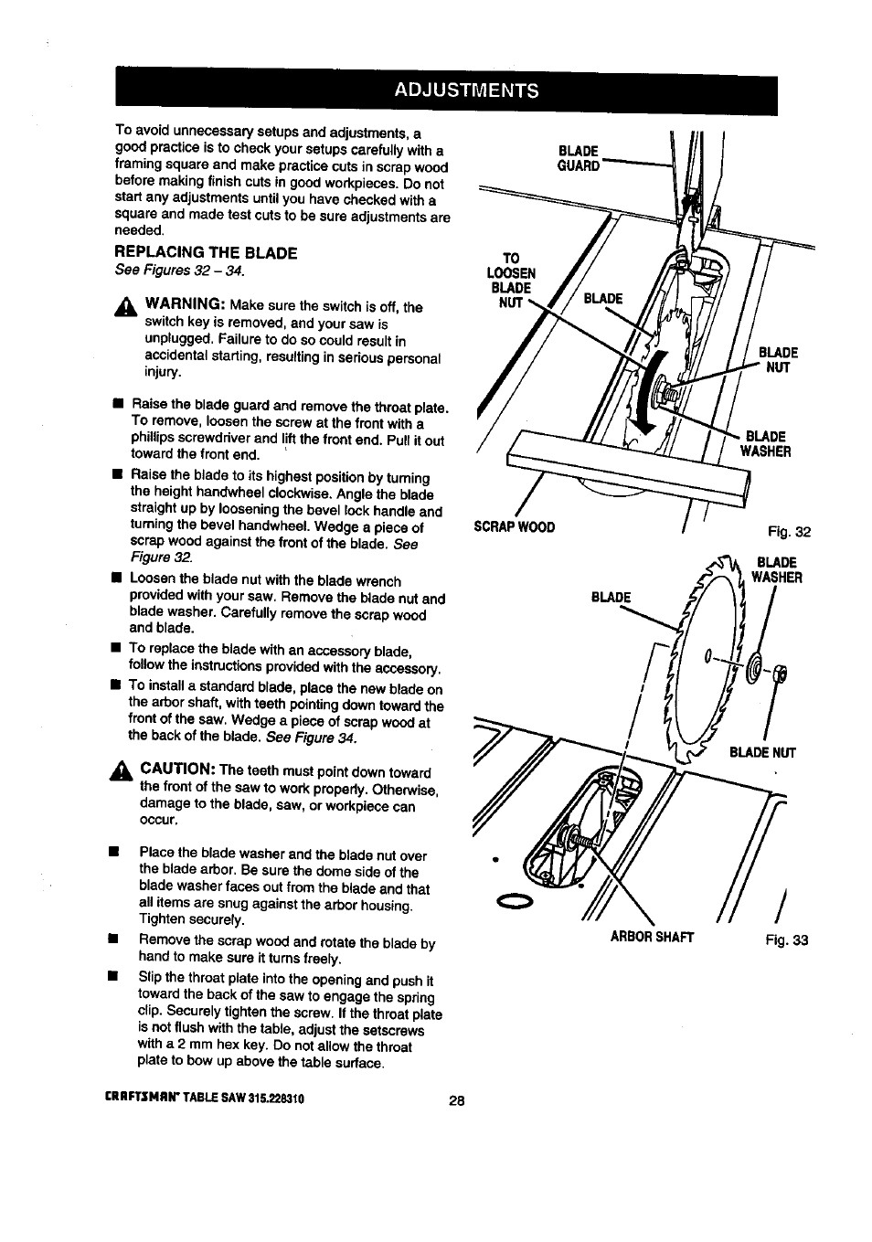 Replacing the blade, Adjustments | Craftsman 315.228310 User Manual | Page 28 / 64