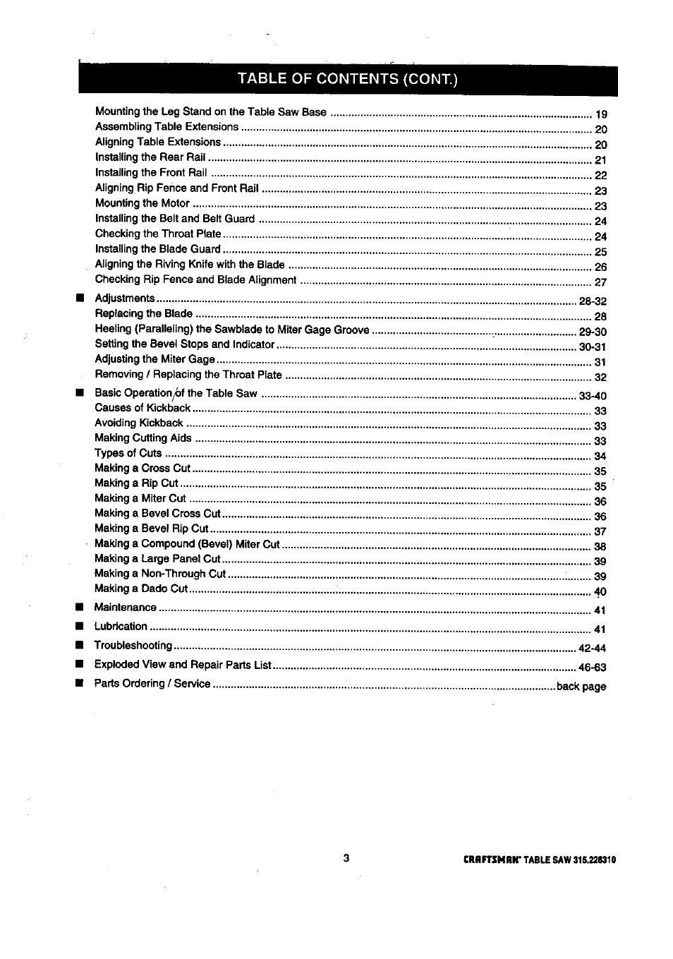 Table of contents (cont.) | Craftsman 315.228310 User Manual | Page 3 / 64