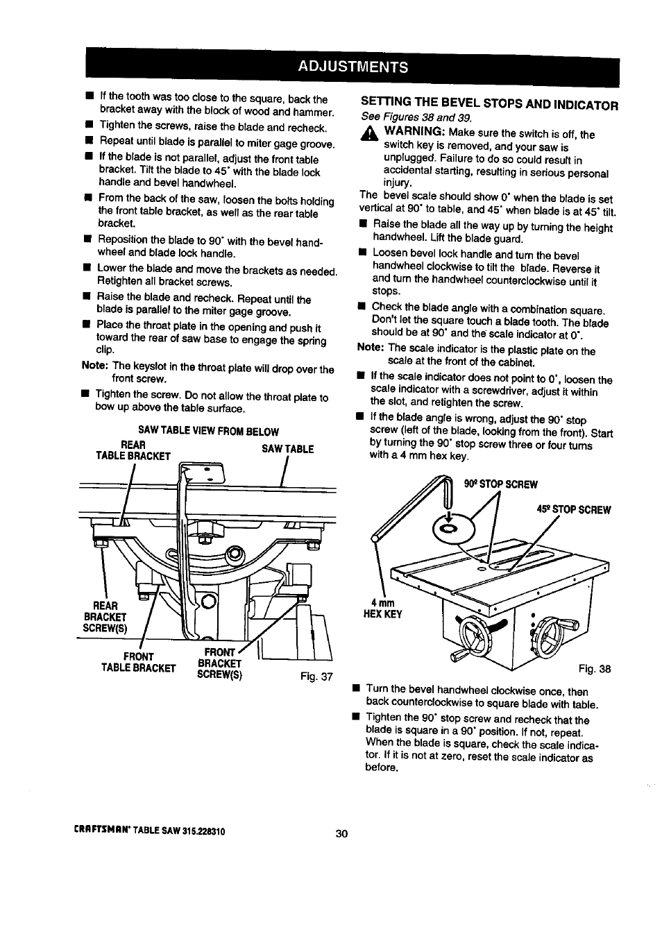 Setting the bevel stops and indicator, Setting the bevel stops apd indicator -31, Adjustments | Craftsman 315.228310 User Manual | Page 30 / 64