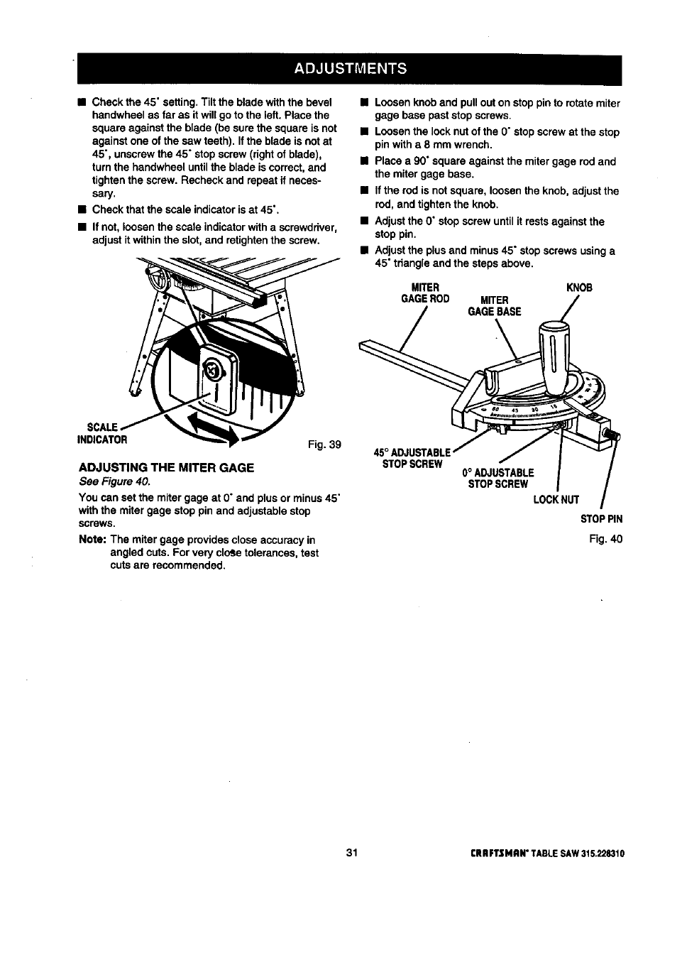 Adjusting the miter gage, Adjustments | Craftsman 315.228310 User Manual | Page 31 / 64