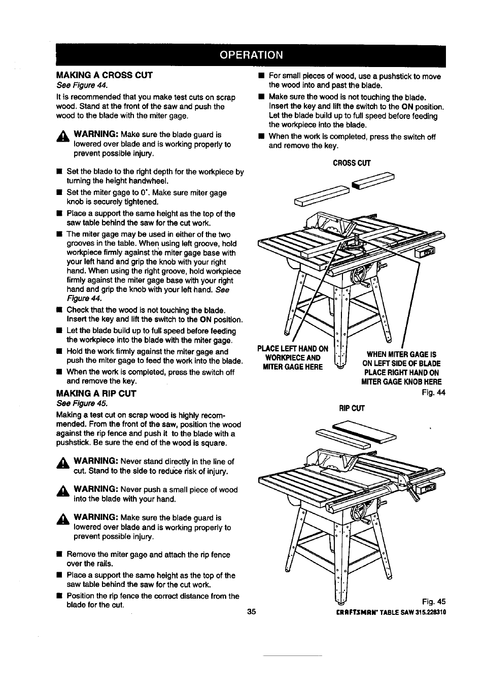 Making a rip cut, Cross cut, Operation | Craftsman 315.228310 User Manual | Page 35 / 64