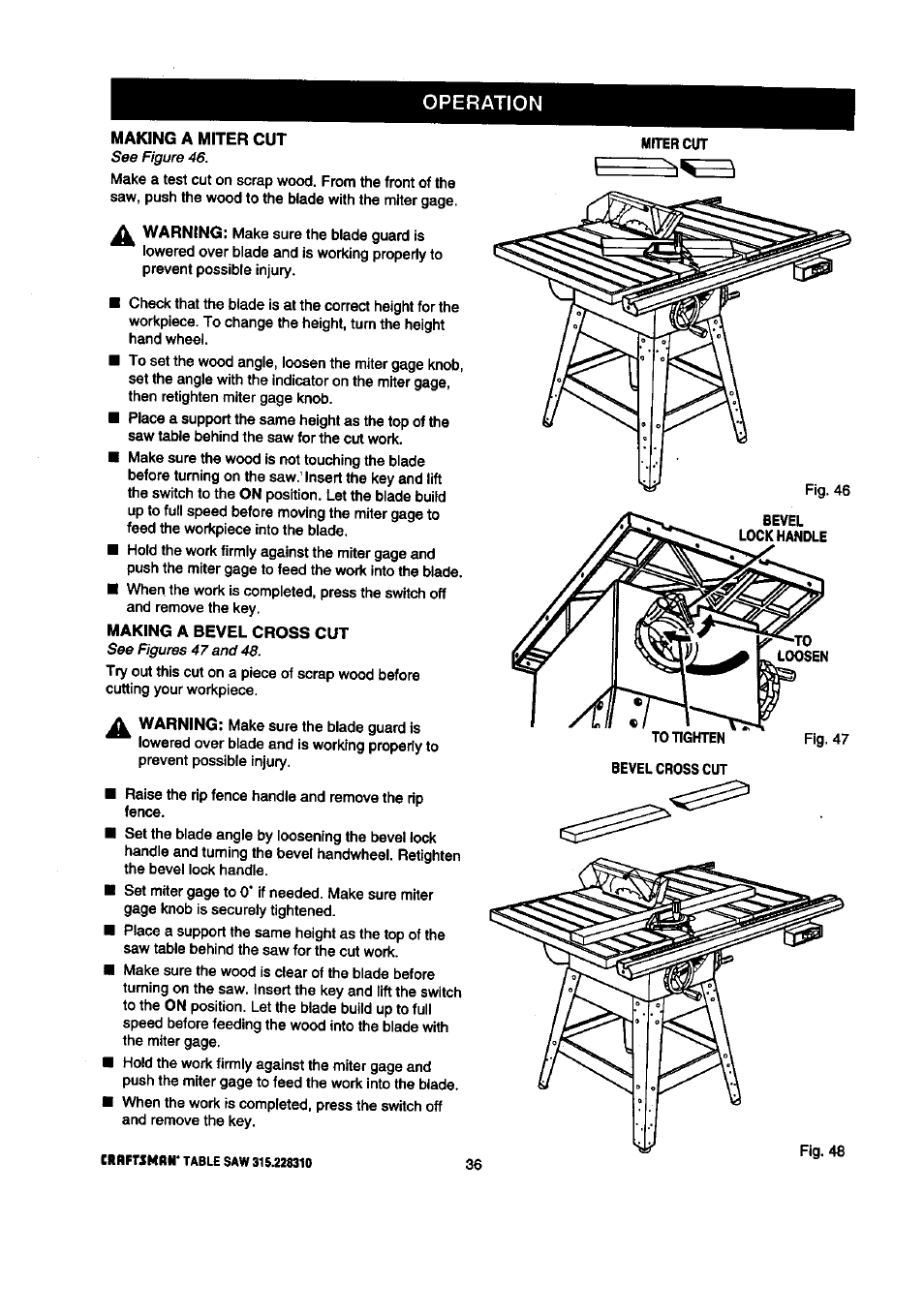 Making a bevel cross cut, Making a cross cut, Operation | Craftsman 315.228310 User Manual | Page 36 / 64