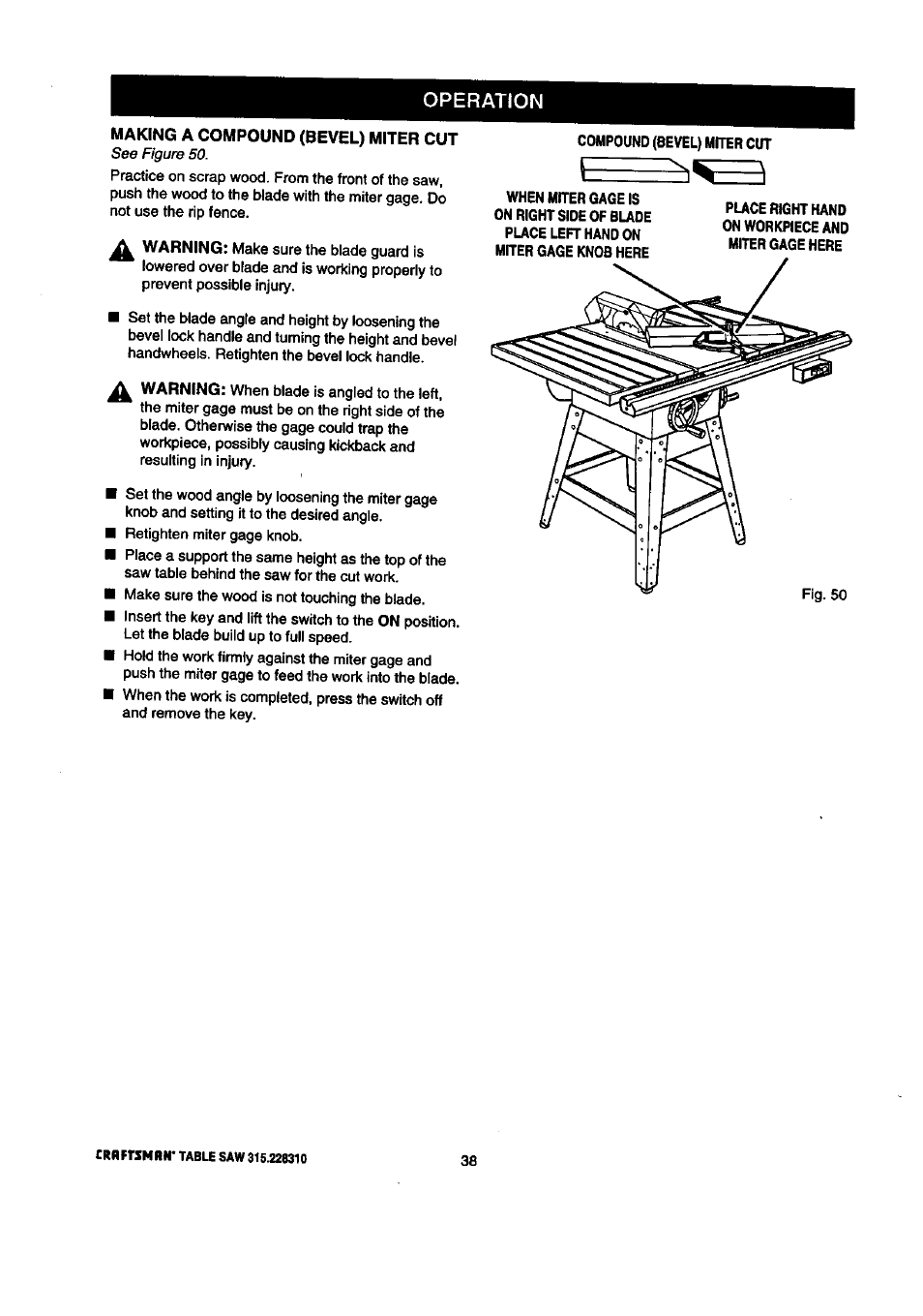 Making a compound (bevel) miter cut, Operation | Craftsman 315.228310 User Manual | Page 38 / 64