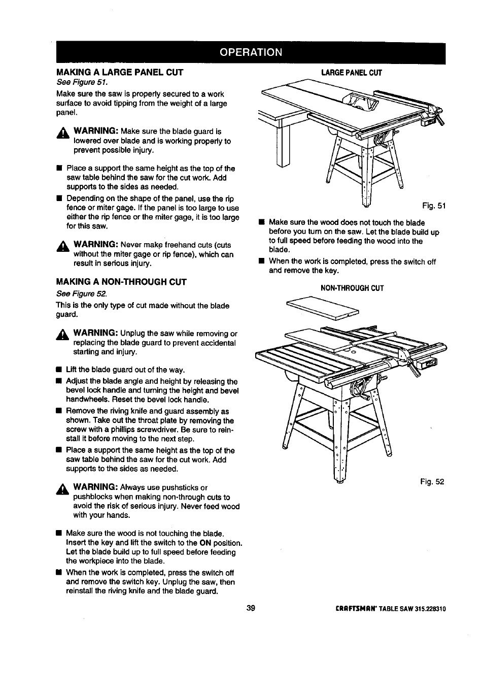 Making a large panel cut, Making a non-through cut, Non-through cut | Operation | Craftsman 315.228310 User Manual | Page 39 / 64