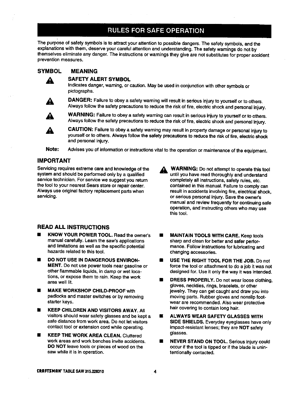 Rules for safe operation, Meaning, Important | Read all instructions, Rules for safe operation -6 | Craftsman 315.228310 User Manual | Page 4 / 64