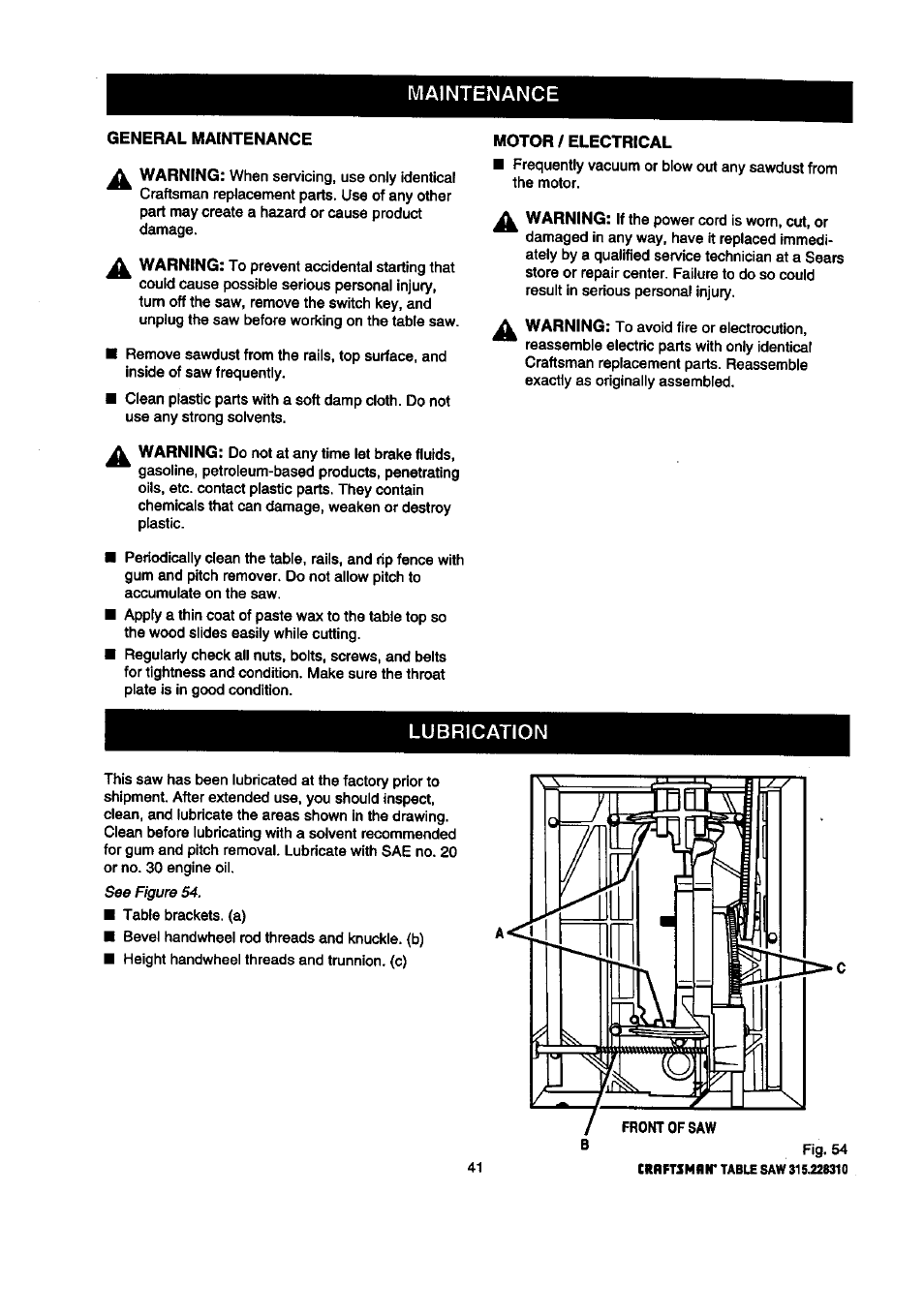 Maintenance, General maintenance, Motor/electrical | Lubrication | Craftsman 315.228310 User Manual | Page 41 / 64