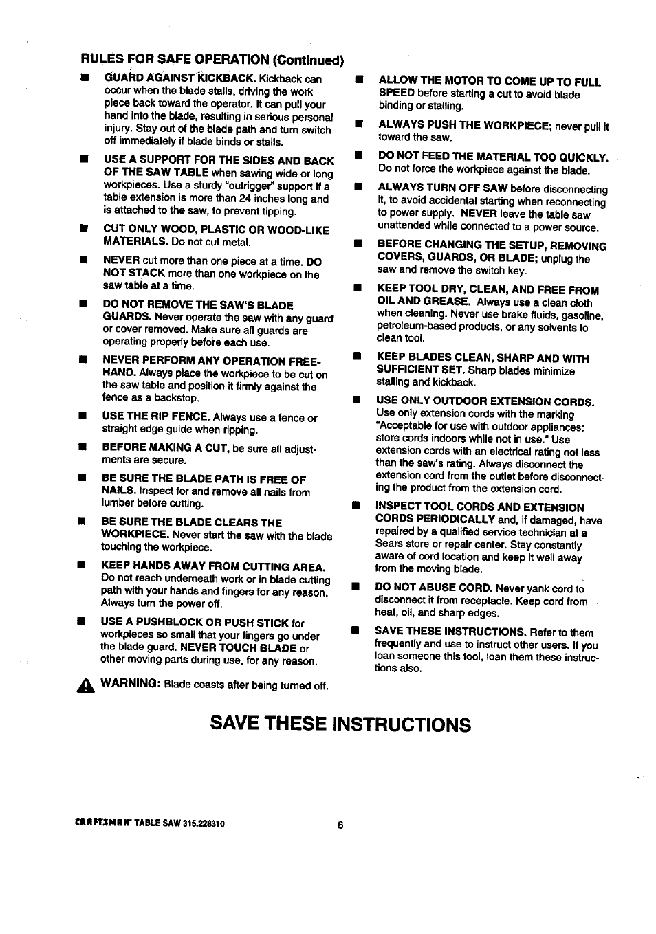 Save these instructions | Craftsman 315.228310 User Manual | Page 6 / 64