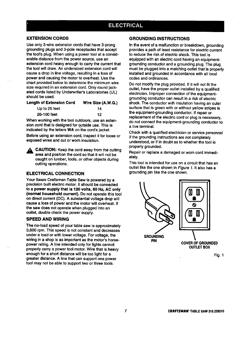 Electrical, Extension cords, Electrical connection | Speed and wiring, Grounding instructions | Craftsman 315.228310 User Manual | Page 7 / 64