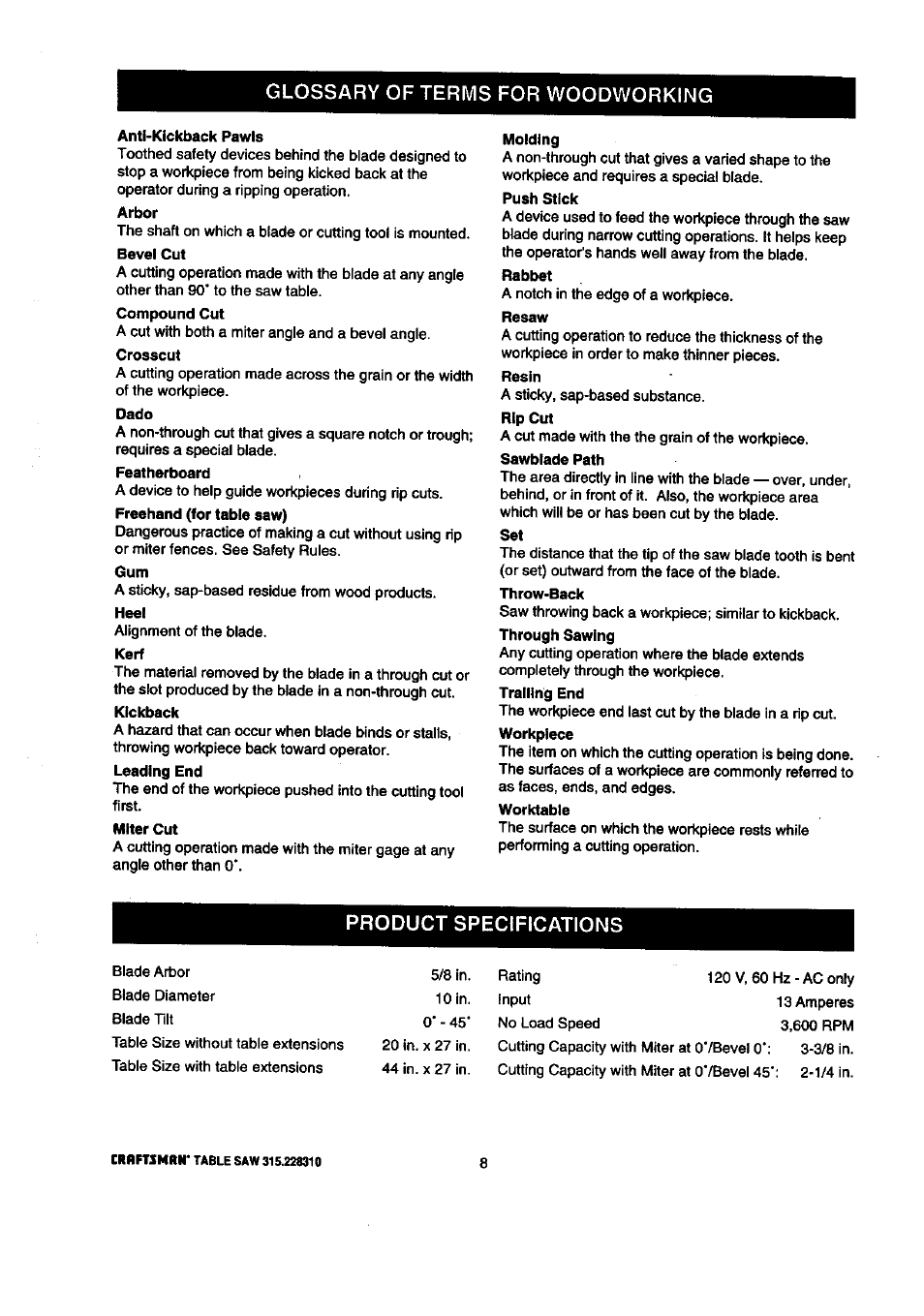 Glossary of terms for woodworking, Product specifications | Craftsman 315.228310 User Manual | Page 8 / 64