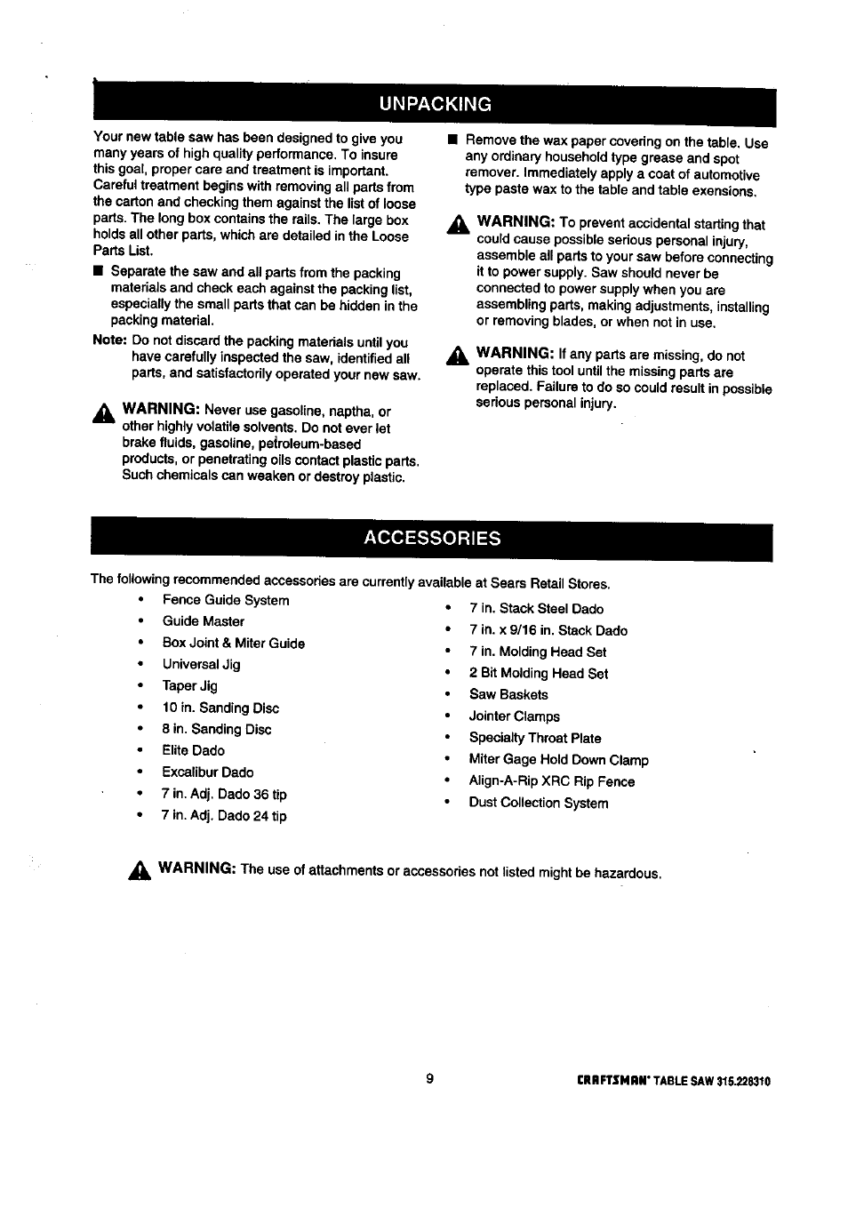 Unpacking, Accessories | Craftsman 315.228310 User Manual | Page 9 / 64