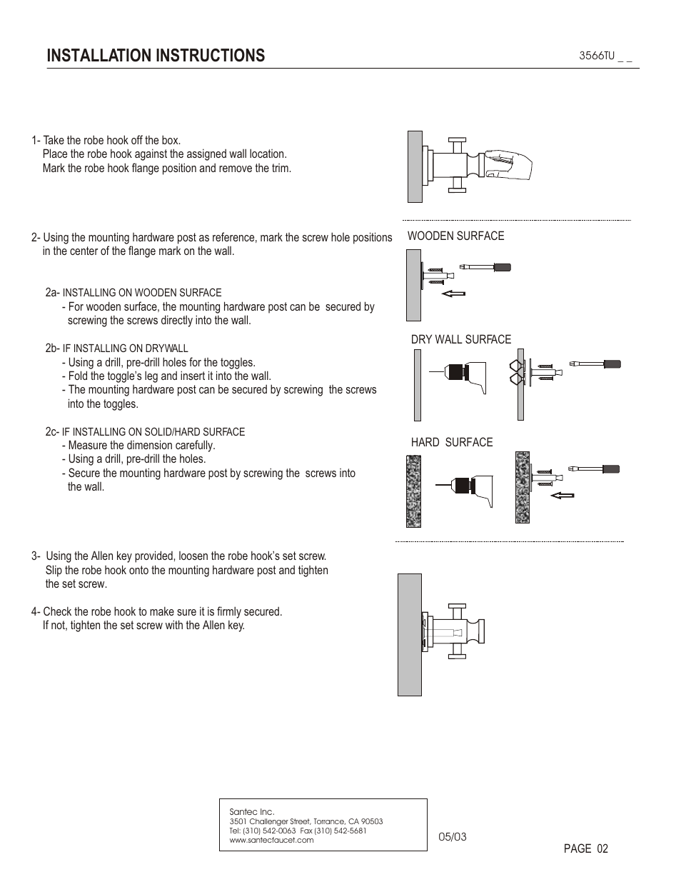 Installation instructions | Santec 3566TU User Manual | Page 2 / 3