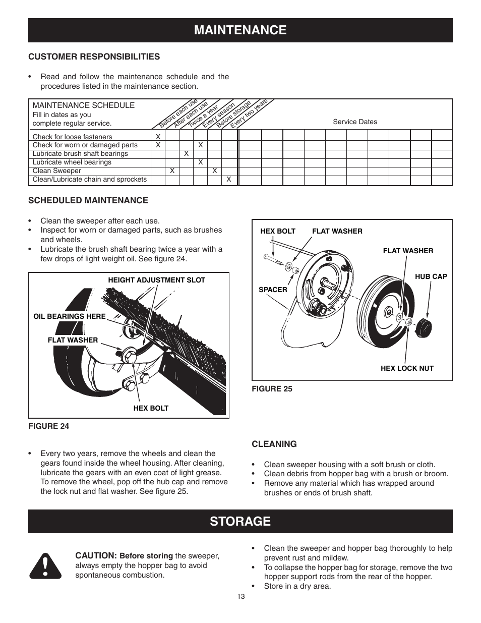 Maintenance, Storage | Craftsman LAWNSWEEPER 486.242211 User Manual | Page 13 / 20