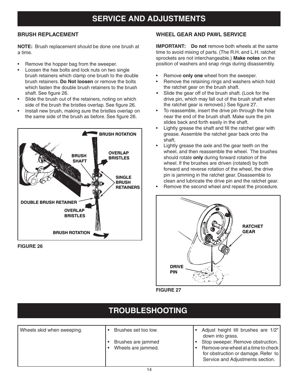 Service and adjustments troubleshooting | Craftsman LAWNSWEEPER 486.242211 User Manual | Page 14 / 20