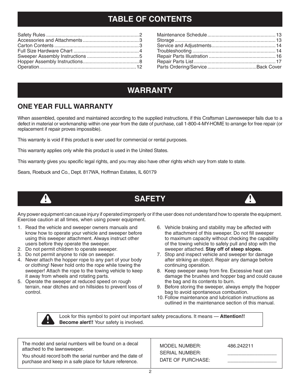 Safety warranty table of contents, One year full warranty | Craftsman LAWNSWEEPER 486.242211 User Manual | Page 2 / 20
