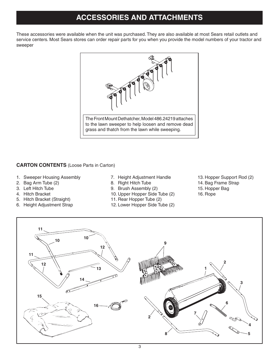 Accessories and attachments | Craftsman LAWNSWEEPER 486.242211 User Manual | Page 3 / 20