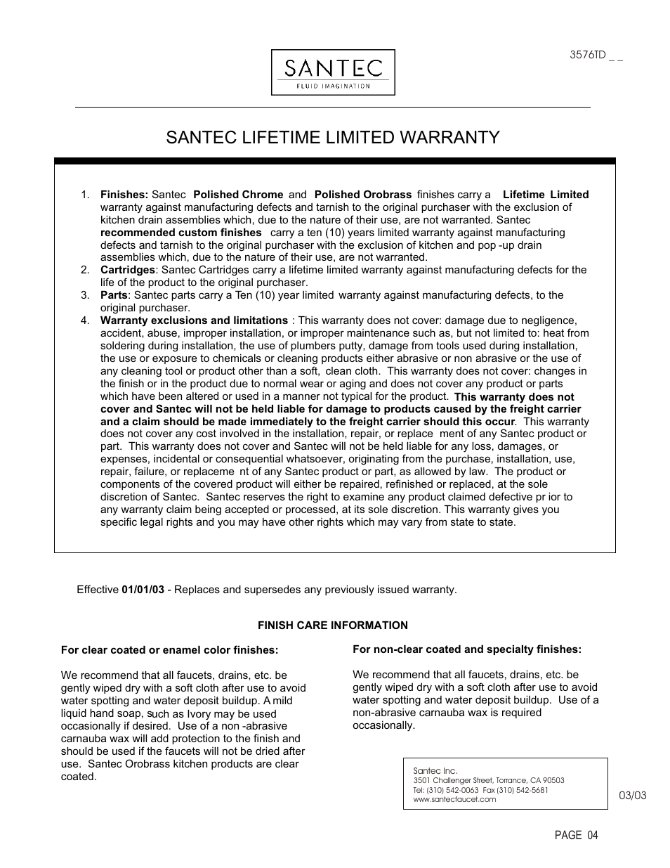 Santec lifetime limited warranty | Santec 3576-TD User Manual | Page 4 / 4