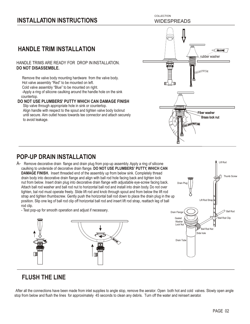 Installation instructions handle trim installation, Pop-up drain installation, Flush the line | Widespreads | Santec 3620EN User Manual | Page 2 / 3