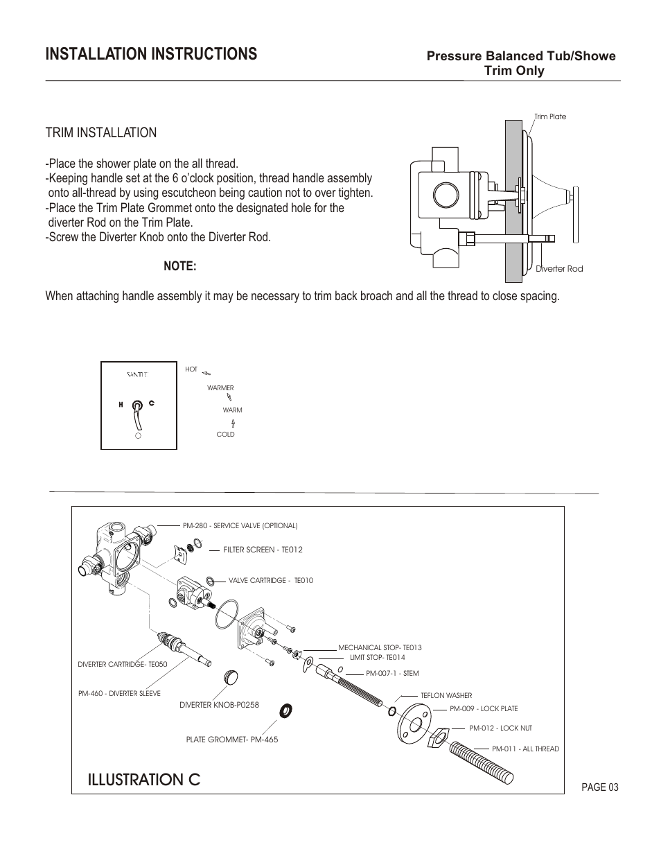 Installation instructions, Illustration c, Trim installation | Pressure balanced tub/showe trim only | Santec 3631EN-TM User Manual | Page 3 / 4