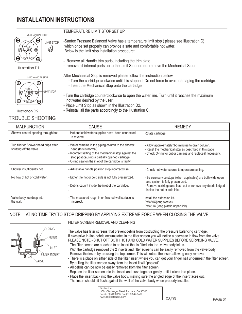 Installation instructions, Trouble shooting, Malfunction cause remedy | Santec 3631EN-TM User Manual | Page 4 / 4