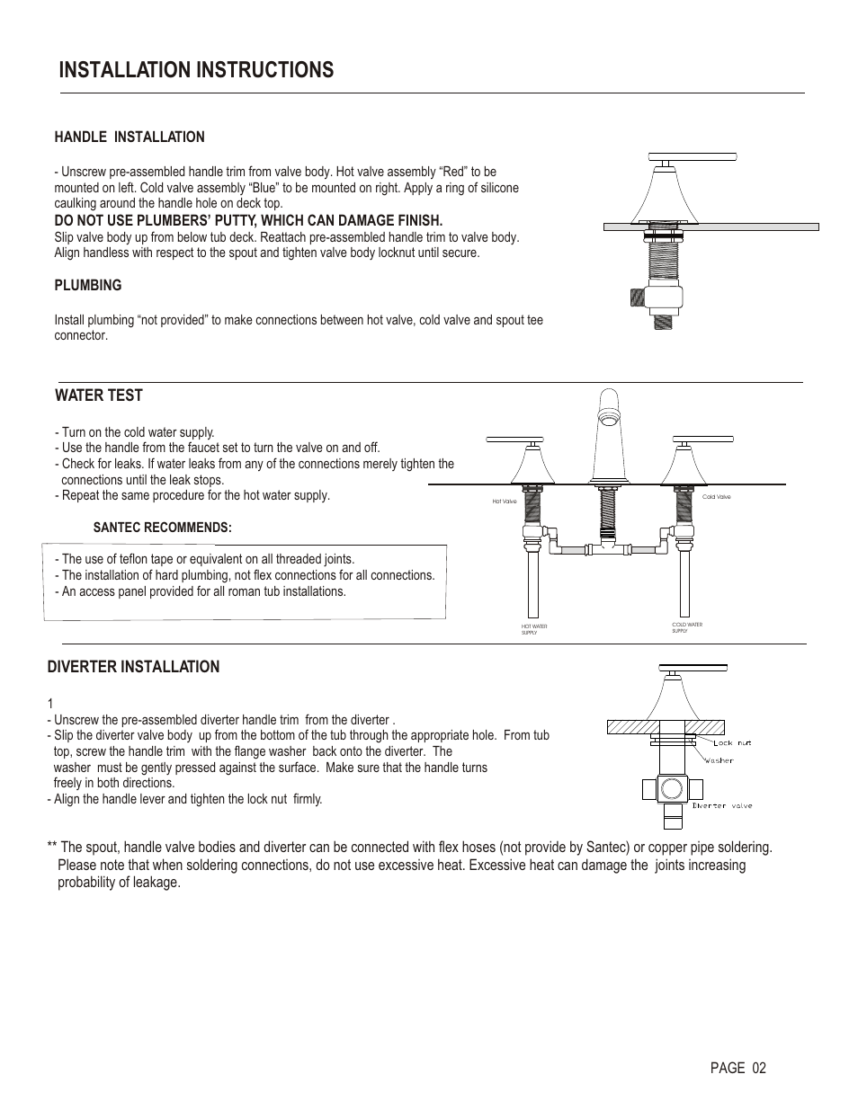 Installation instructions, Water test, Diverter installation | Santec 3650EN User Manual | Page 2 / 4