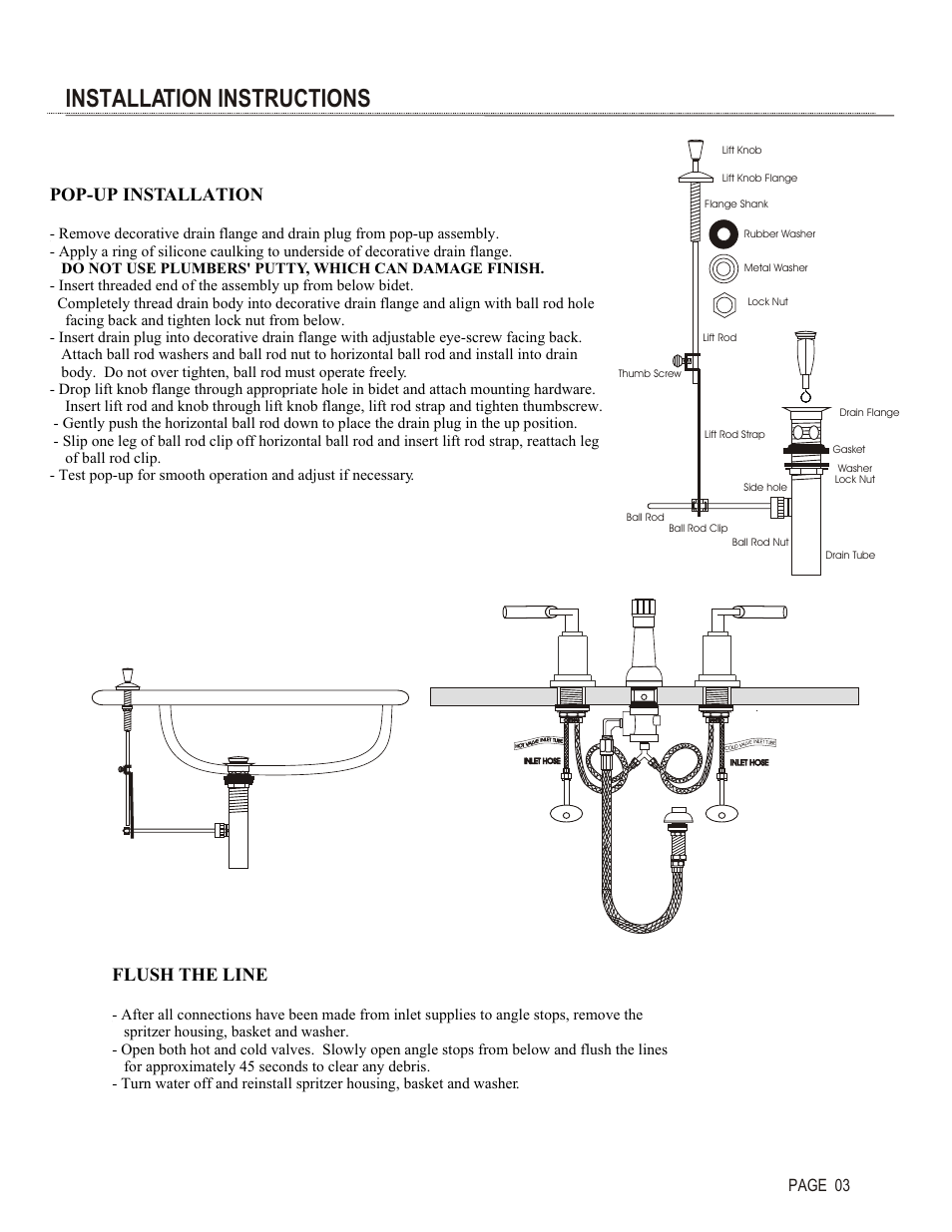 Installation instructions, Pop-up installation, Flush the line | Page 03 | Santec 3670EN User Manual | Page 3 / 4