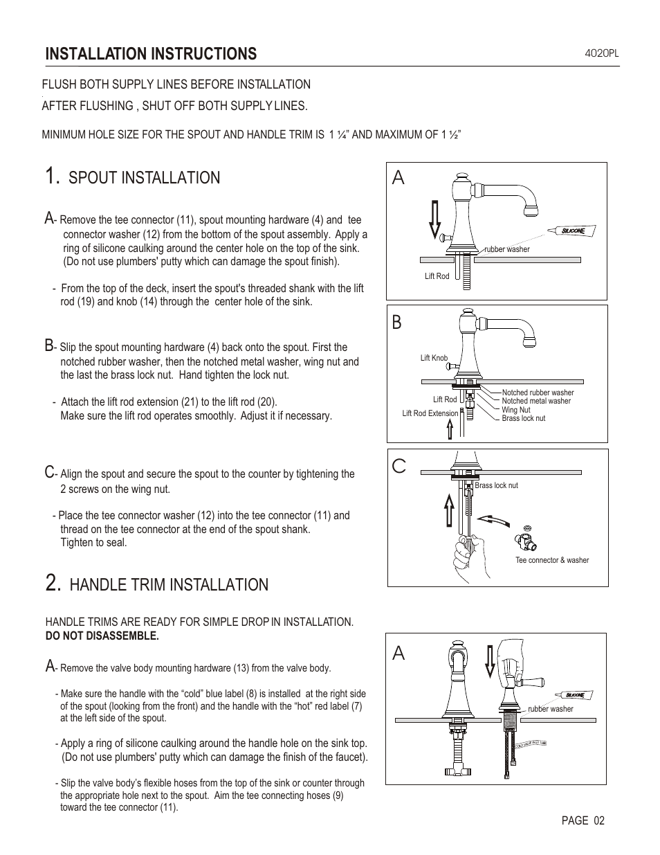 Ba a, Installation instructions, Spout installation a | Handle trim installation | Santec 4020PL User Manual | Page 2 / 4