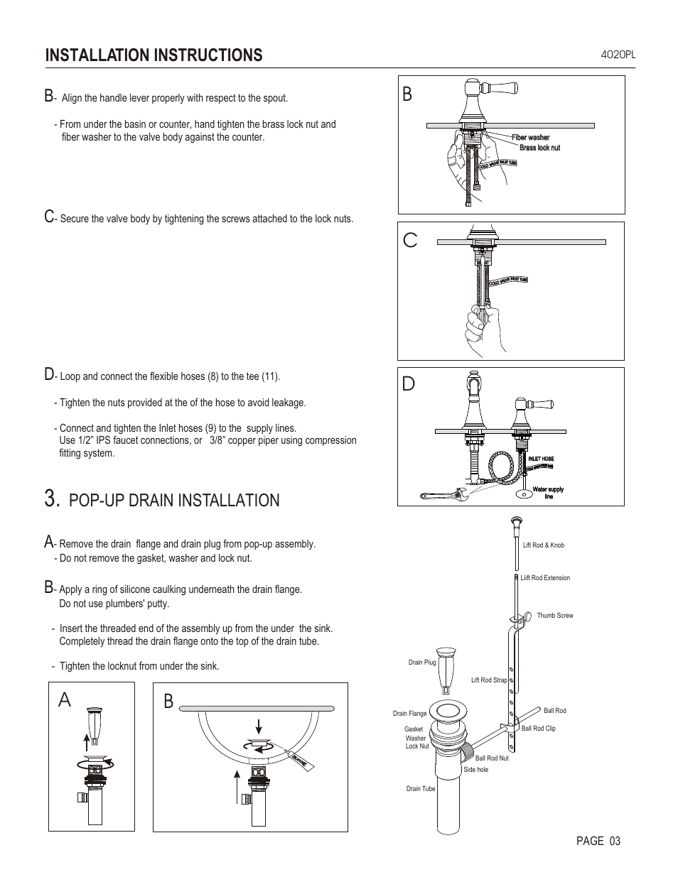 Bc d a b, Pop-up drain installation a, Installation instructions | Santec 4020PL User Manual | Page 3 / 4