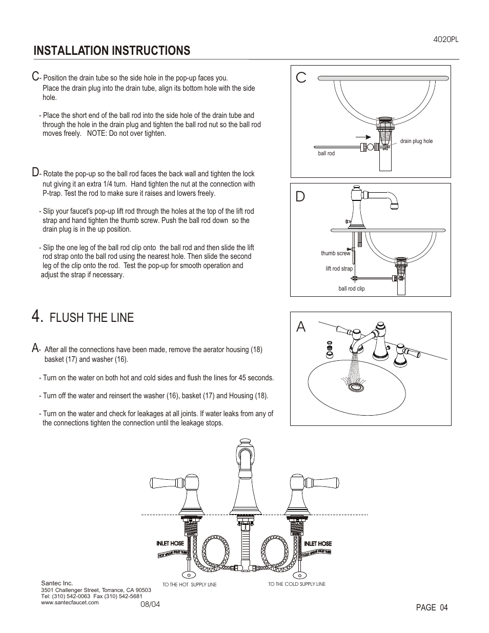 Installation instructions, Flush the line a | Santec 4020PL User Manual | Page 4 / 4