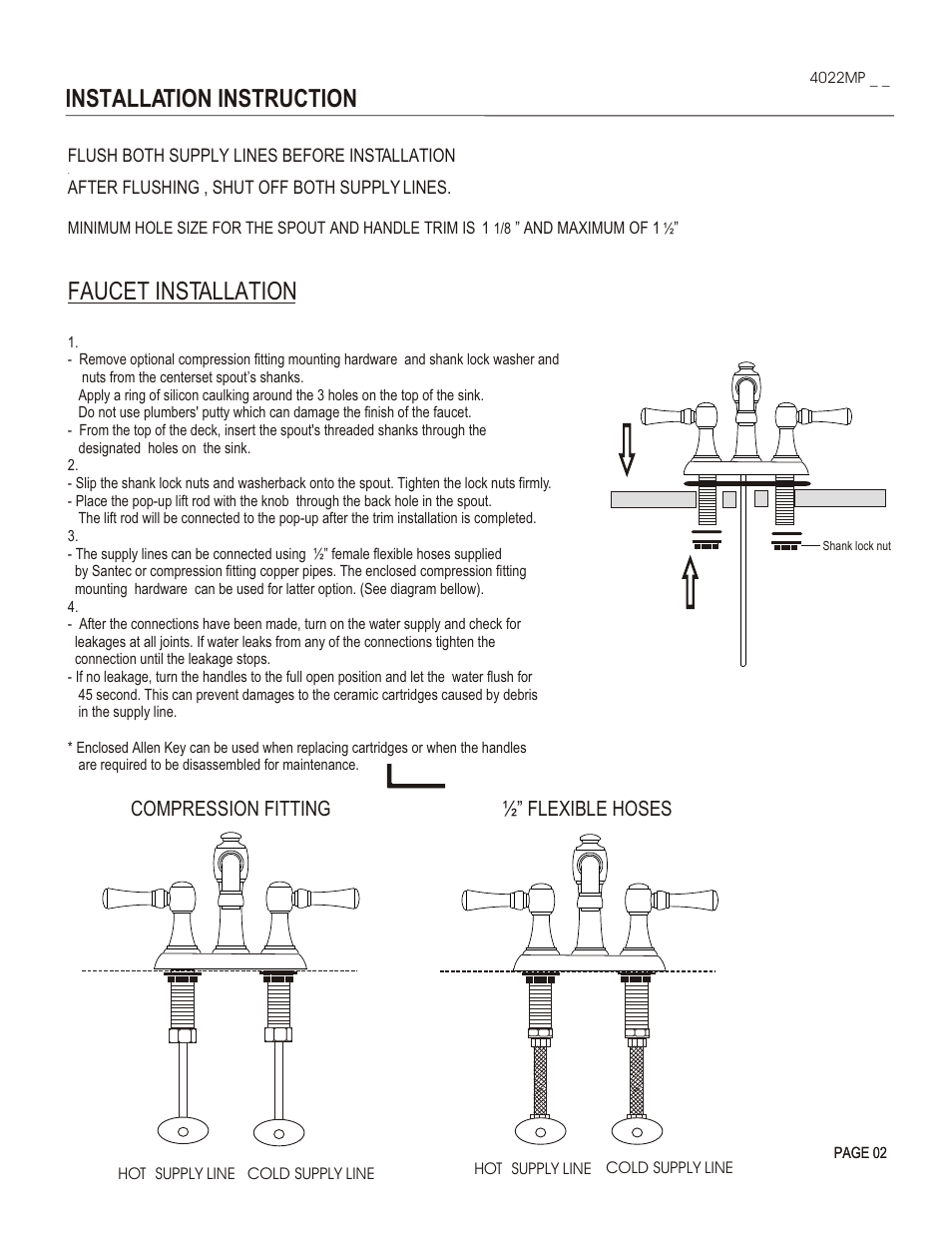 Installation instruction, Faucet installation, Compression fitting ½” flexible hoses | Santec 4022MP User Manual | Page 2 / 4