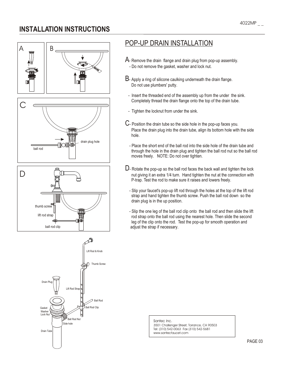 Installation instructions, Pop-up drain installation a | Santec 4022MP User Manual | Page 3 / 4