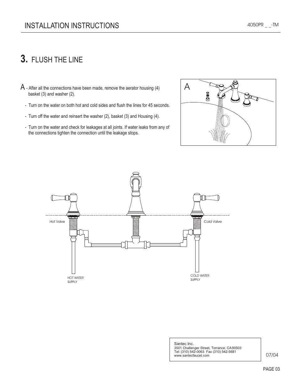 Installation instructions, Flush the line a | Santec 4050PR-TM User Manual | Page 3 / 4