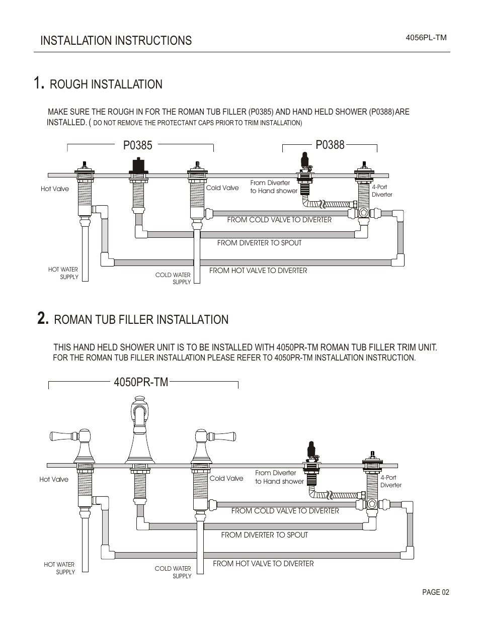 Rough installation, Roman tub filler installation, 4050pr-tm | Santec 4056PL-TM User Manual | Page 2 / 4