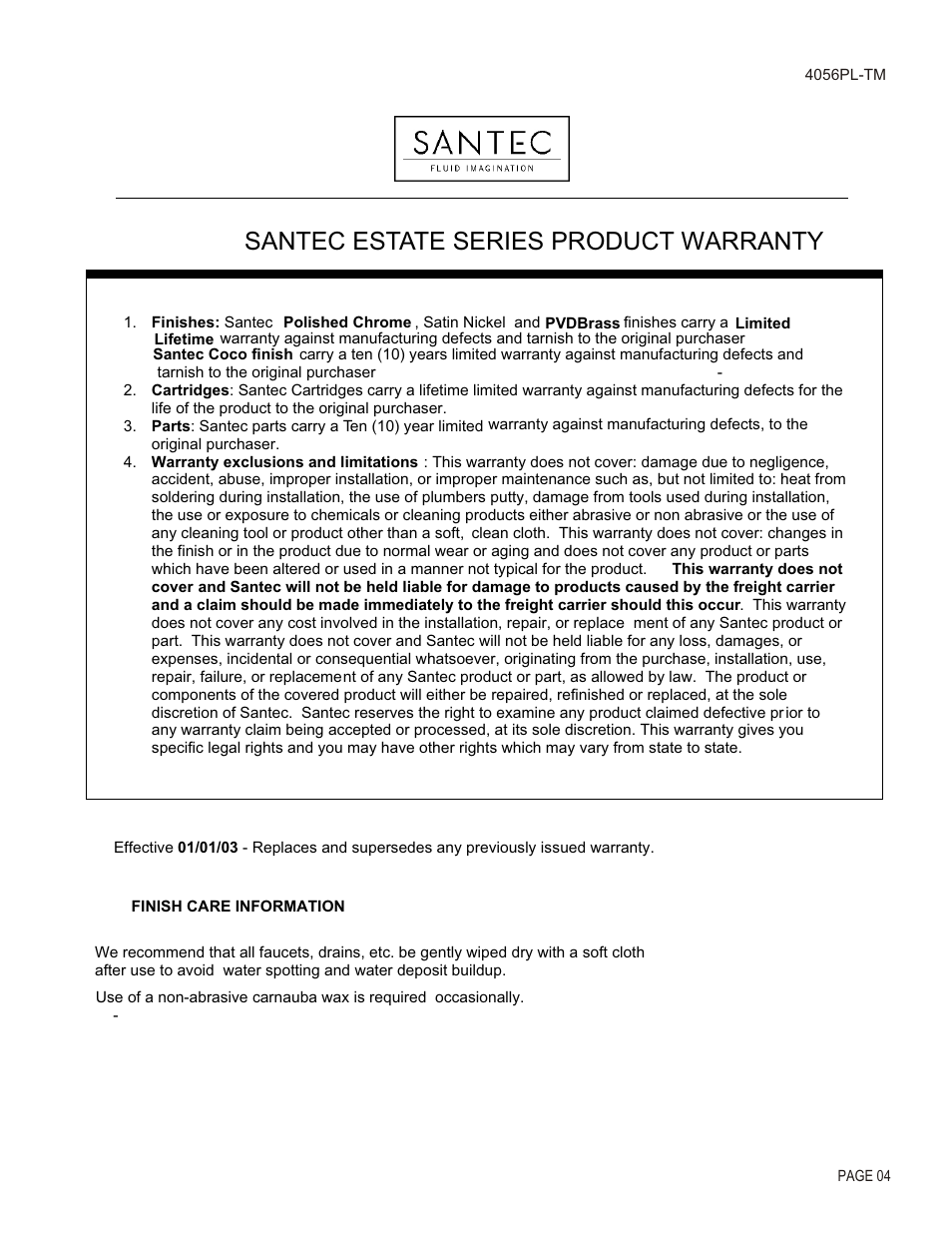 Santec estate series product warranty | Santec 4056PL-TM User Manual | Page 4 / 4