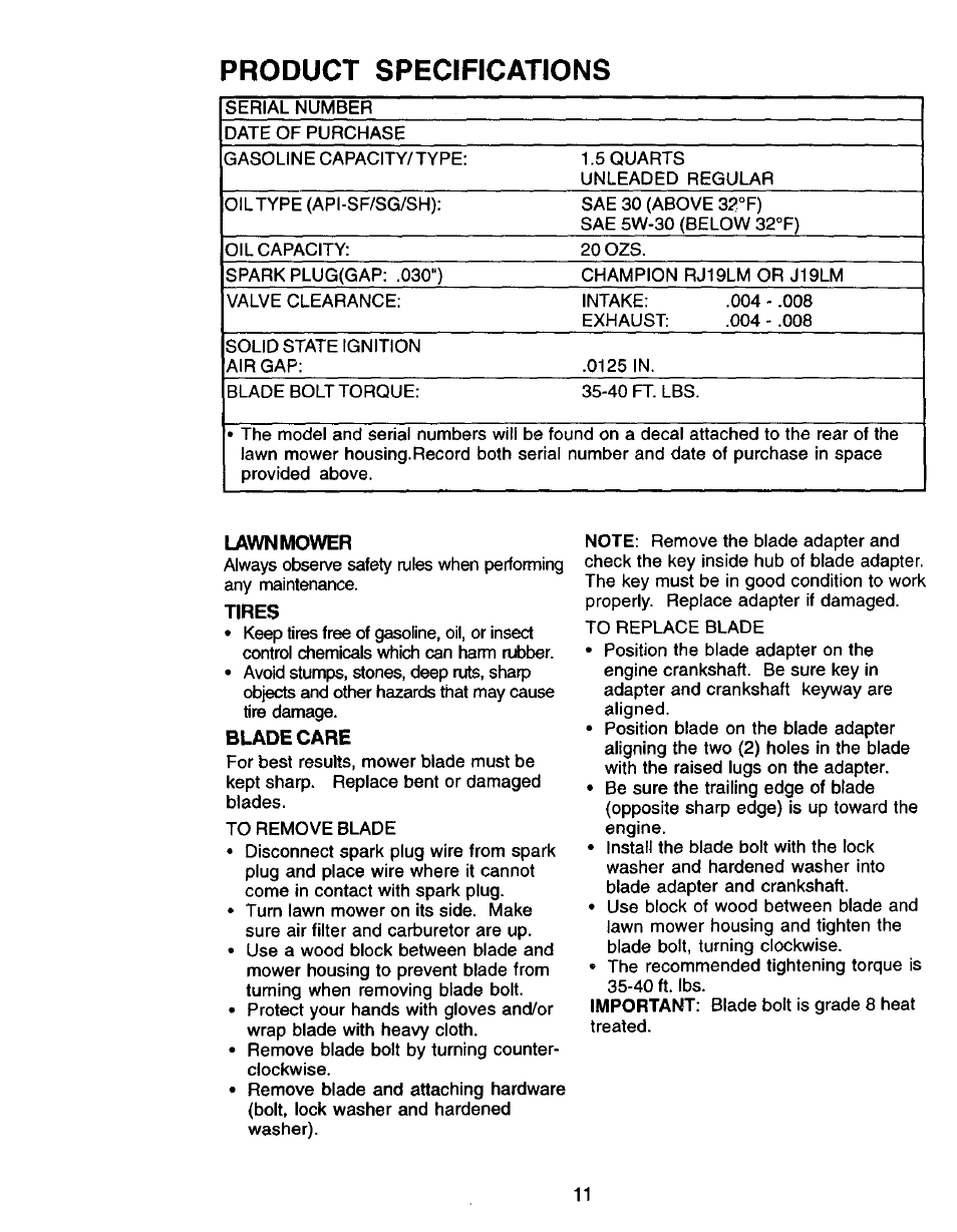 Product specifications, Lawn mower, Tires | Blade care | Craftsman 917.388410 User Manual | Page 11 / 24