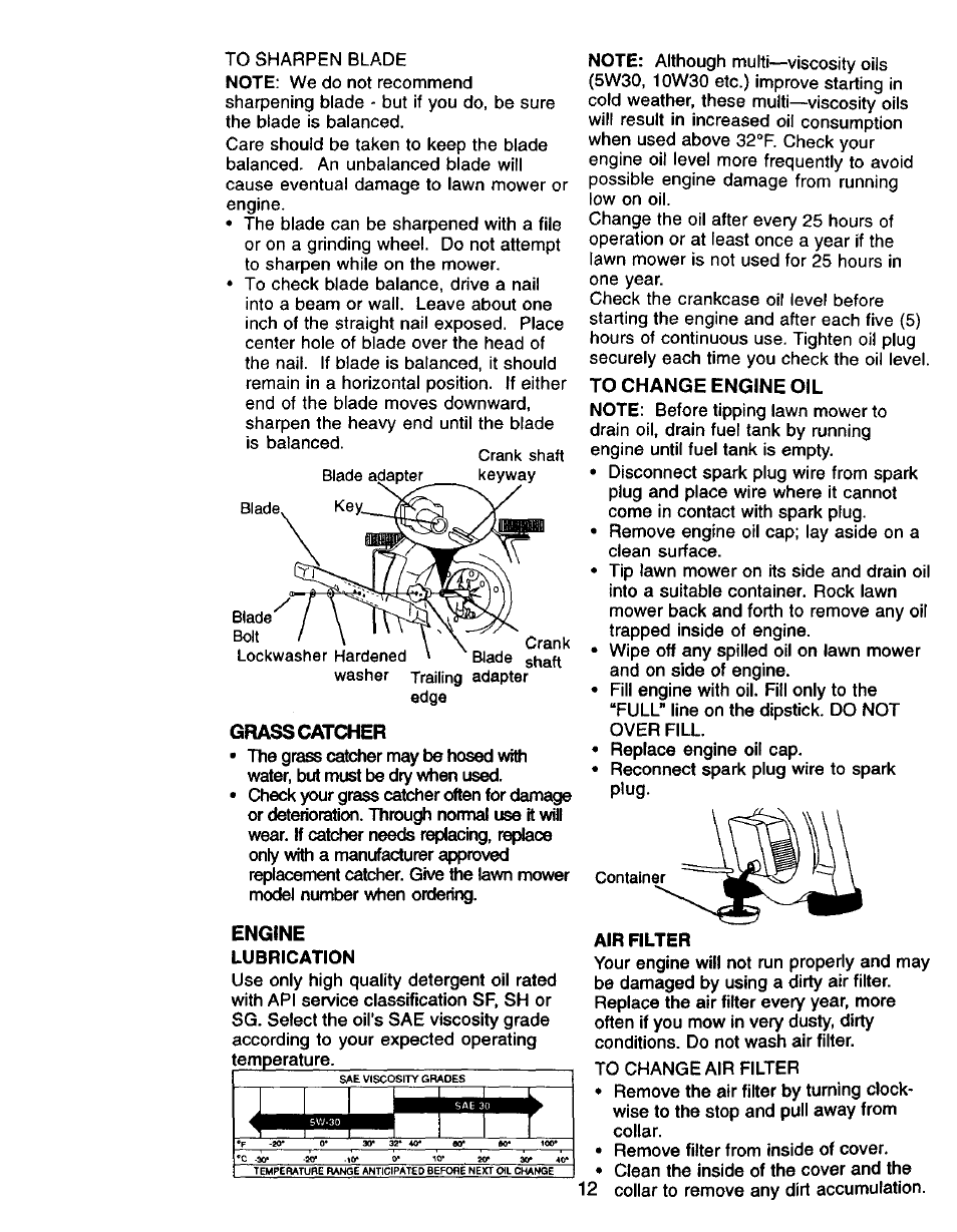 Grass catcher, Engine, To change engine oil | Craftsman 917.388410 User Manual | Page 12 / 24