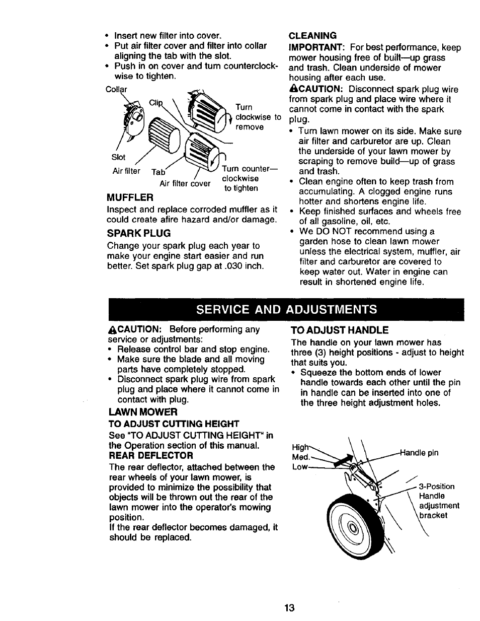 Muffler, Sparkplug, Service and adjustments | Lawn mower, To adjust handle | Craftsman 917.388410 User Manual | Page 13 / 24